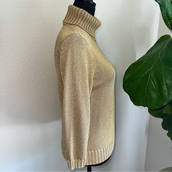 Ralph Lauren Petite Women’s Gold Metallic Fiber Turtleneck 3/4 Sleeve Sweater L - Picture 11 of 13